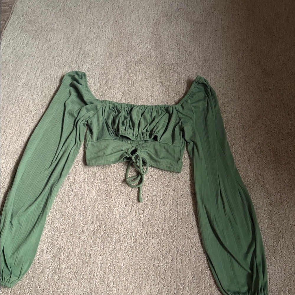 Forever 21 Olive Green Ruched Long Sleeve Crop Top with Tie